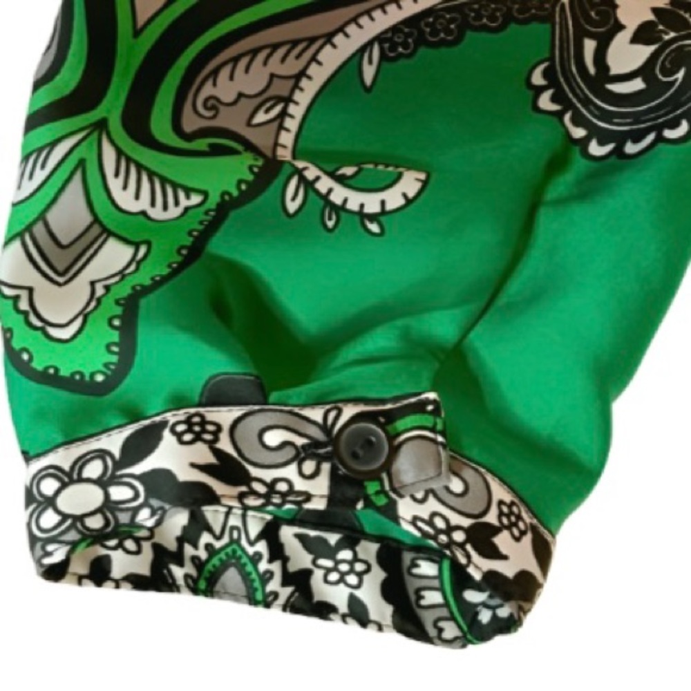 Chico’s Women’s Paisley Peasant Green/Black/Gray Top Size 8/10 High Collar - Picture 5 of 6